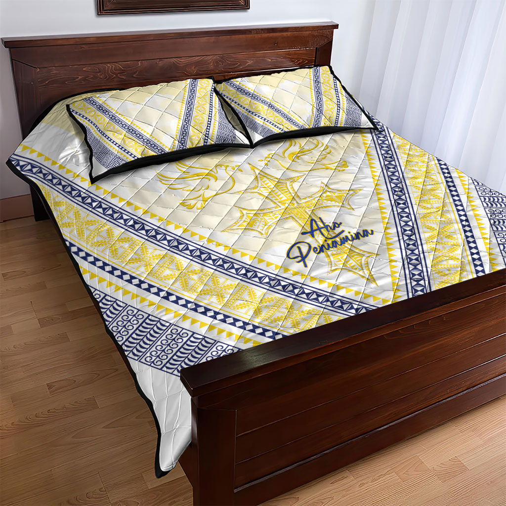 Peniamina Gospel Day Niue Quilt Bed Set Cross Dove Hiapo Pattern Yellow