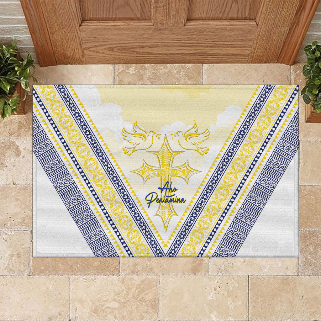 Peniamina Gospel Day Niue Rubber Doormat Cross Dove Hiapo Pattern Yellow LT14 Yellow - Polynesian Pride
