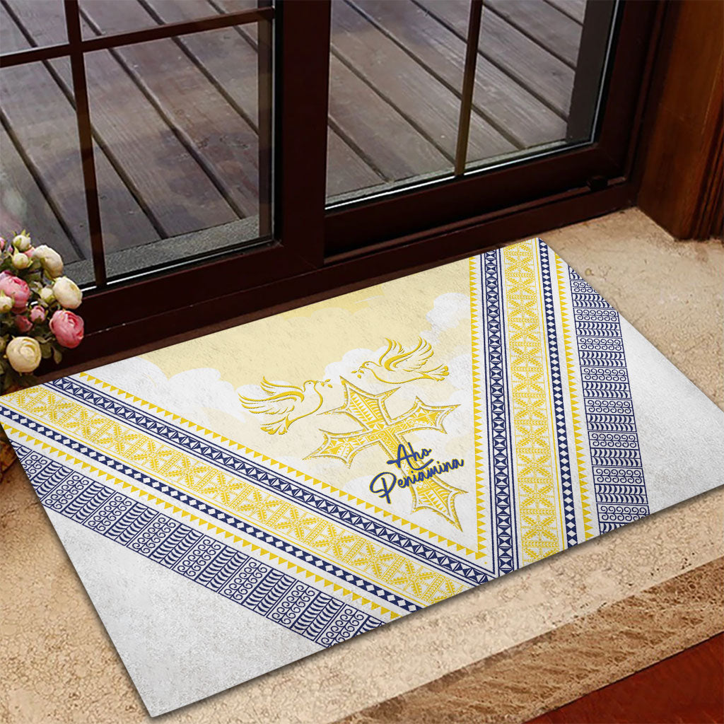 Peniamina Gospel Day Niue Rubber Doormat Cross Dove Hiapo Pattern Yellow LT14 - Polynesian Pride