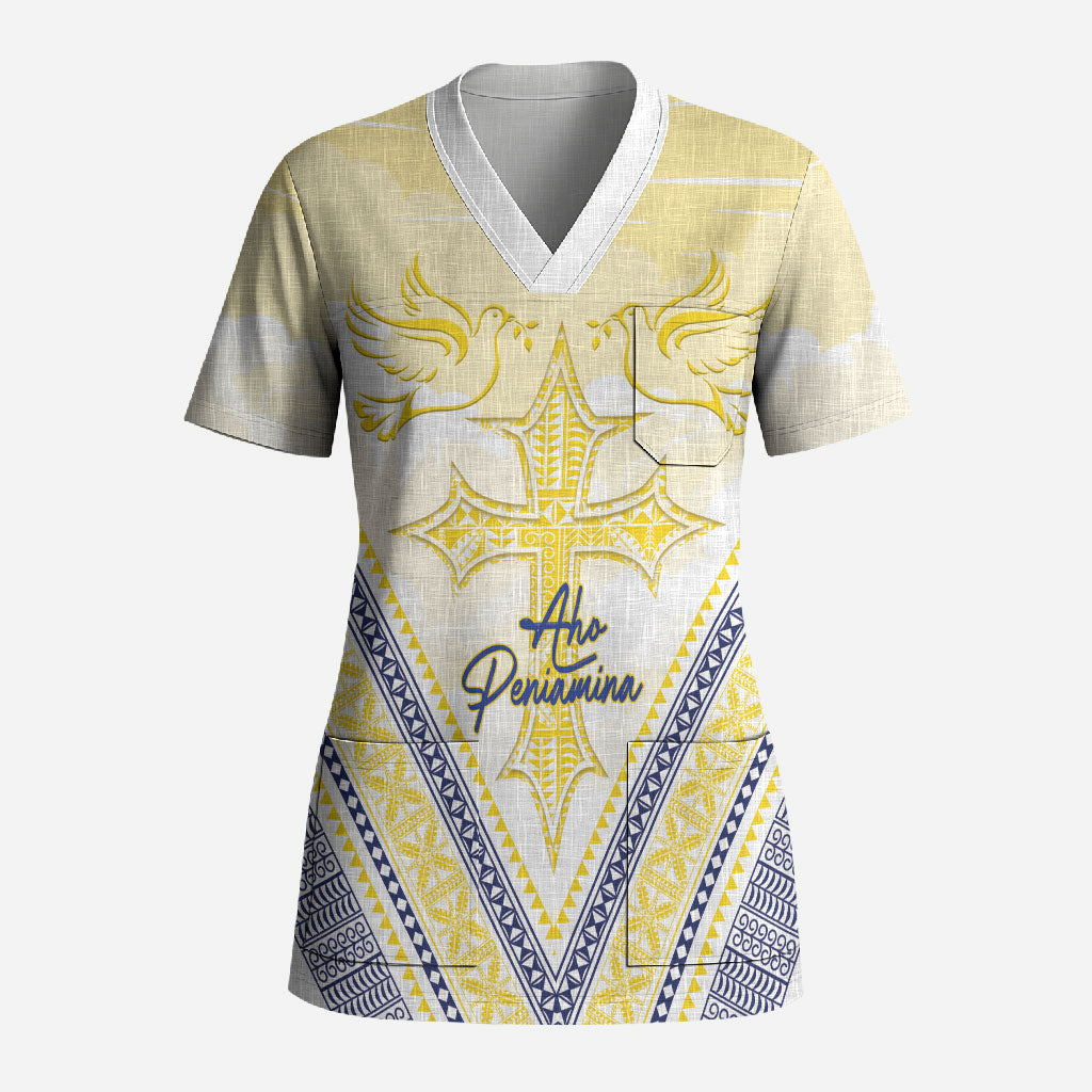Peniamina Gospel Day Niue Scrub Top Cross Dove Hiapo Pattern Yellow LT14 Adult Yellow - Polynesian Pride