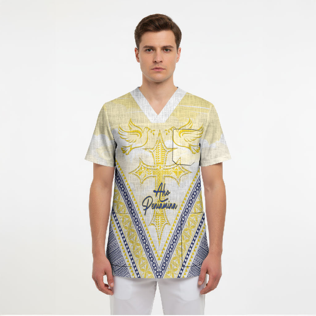 Peniamina Gospel Day Niue Scrub Top Cross Dove Hiapo Pattern Yellow LT14 - Polynesian Pride