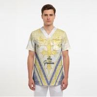 Peniamina Gospel Day Niue Scrub Top Cross Dove Hiapo Pattern Yellow LT14 - Polynesian Pride