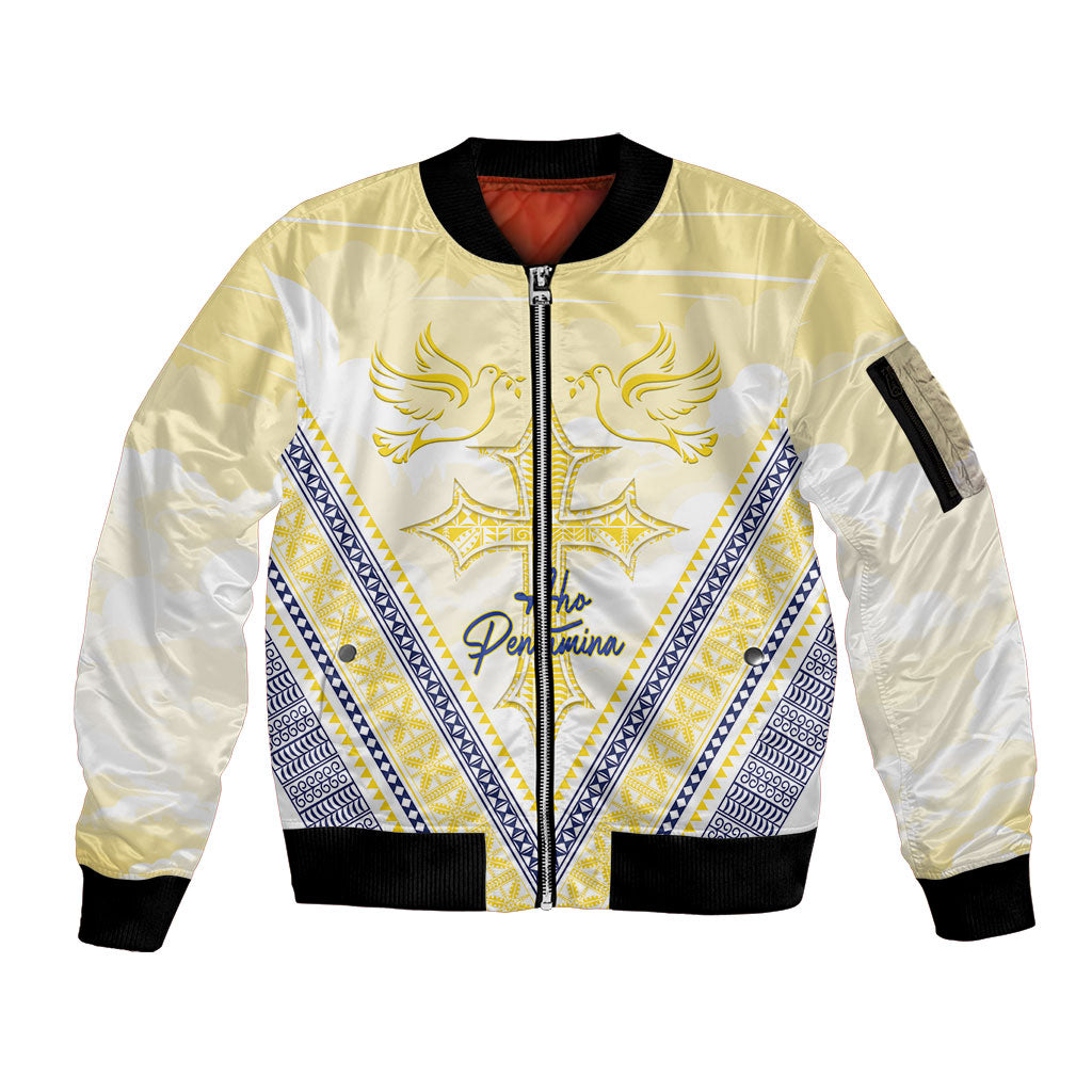 Peniamina Gospel Day Niue Sleeve Zip Bomber Jacket Cross Dove Hiapo Pattern Yellow LT14 Unisex Yellow - Polynesian Pride