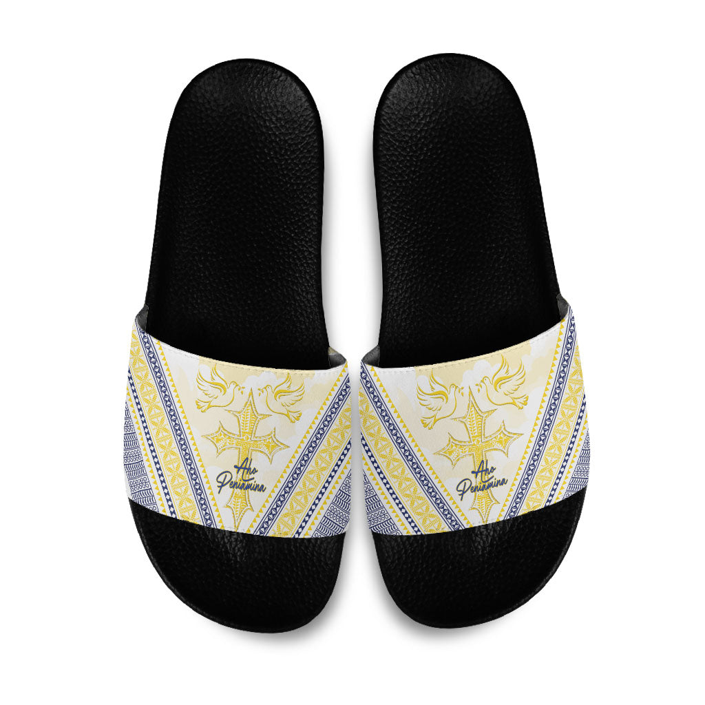 Peniamina Gospel Day Niue Slide Sandals Cross Dove Hiapo Pattern Yellow LT14 Yellow - Polynesian Pride