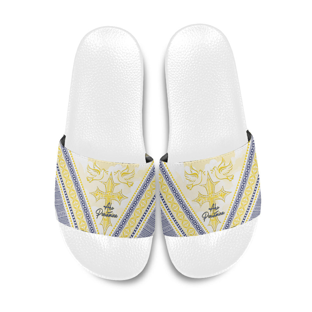 Peniamina Gospel Day Niue Slide Sandals Cross Dove Hiapo Pattern Yellow LT14 Yellow - Polynesian Pride