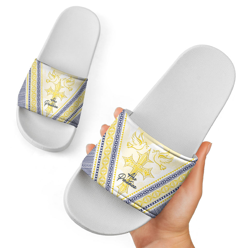 Peniamina Gospel Day Niue Slide Sandals Cross Dove Hiapo Pattern Yellow LT14 - Polynesian Pride