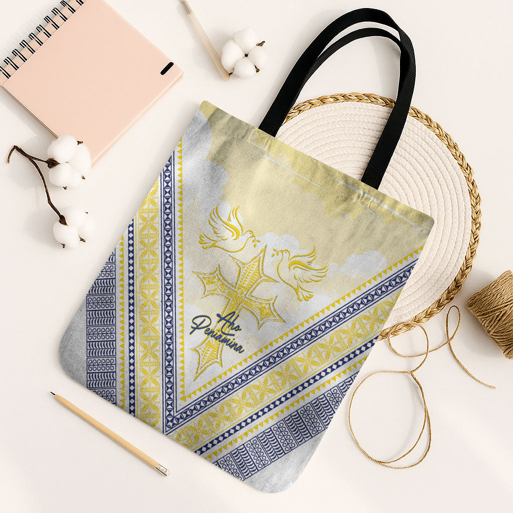 Peniamina Gospel Day Niue Tote Bag Cross Dove Hiapo Pattern Yellow
