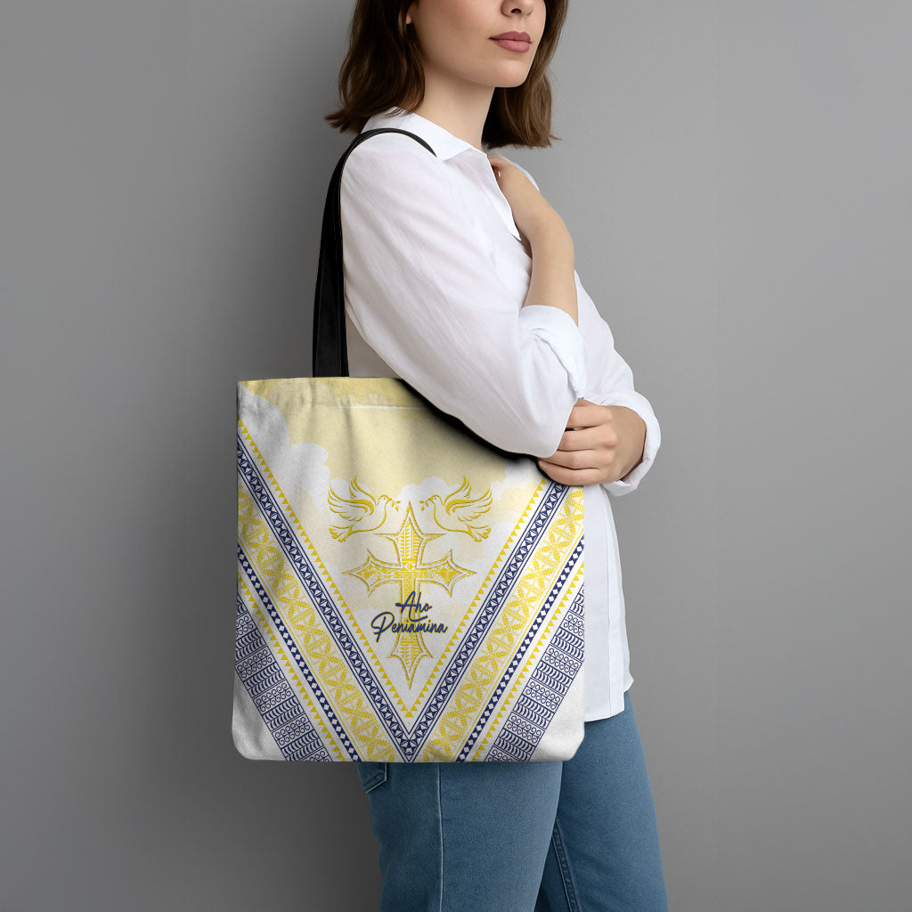 Peniamina Gospel Day Niue Tote Bag Cross Dove Hiapo Pattern Yellow