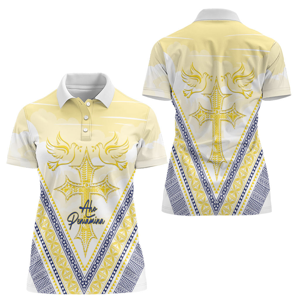 Peniamina Gospel Day Niue Women Polo Shirt Cross Dove Hiapo Pattern Yellow LT14 - Polynesian Pride