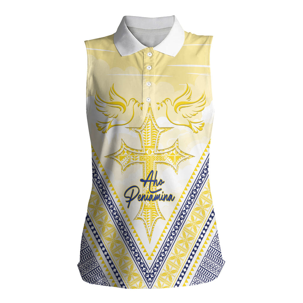 Peniamina Gospel Day Niue Women Sleeveless Polo Shirt Cross Dove Hiapo Pattern Yellow LT14 Female Yellow - Polynesian Pride