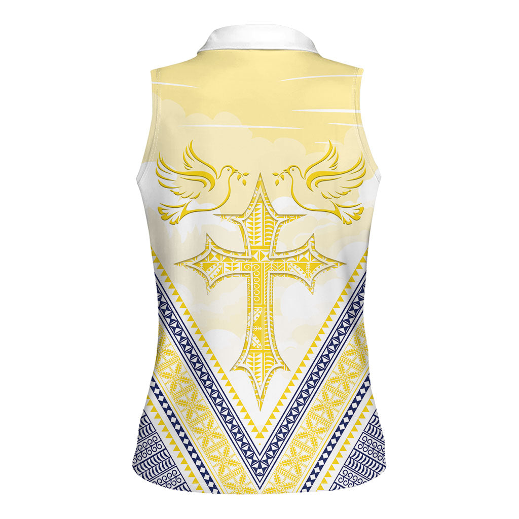 Peniamina Gospel Day Niue Women Sleeveless Polo Shirt Cross Dove Hiapo Pattern Yellow LT14 - Polynesian Pride