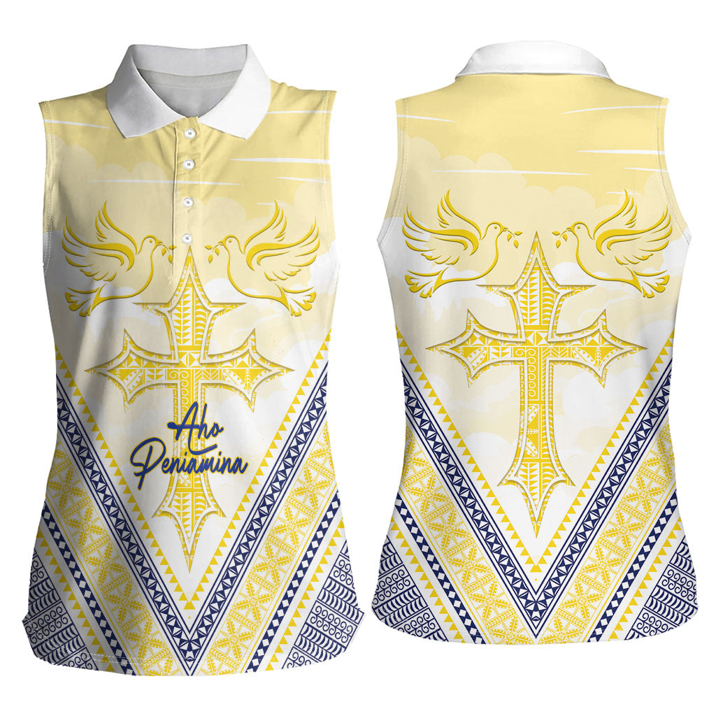 Peniamina Gospel Day Niue Women Sleeveless Polo Shirt Cross Dove Hiapo Pattern Yellow LT14 - Polynesian Pride