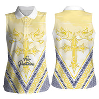 Peniamina Gospel Day Niue Women Sleeveless Polo Shirt Cross Dove Hiapo Pattern Yellow LT14 - Polynesian Pride