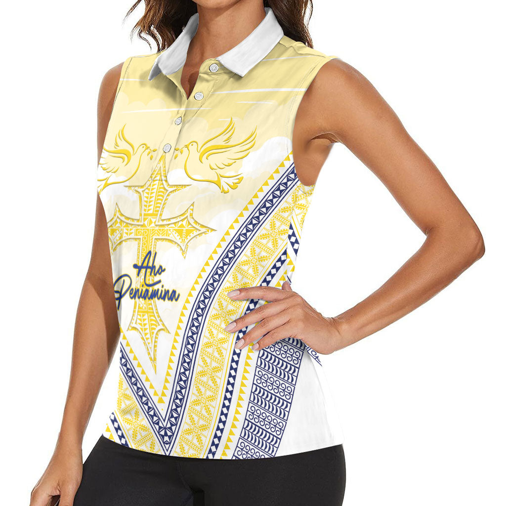 Peniamina Gospel Day Niue Women Sleeveless Polo Shirt Cross Dove Hiapo Pattern Yellow LT14 - Polynesian Pride