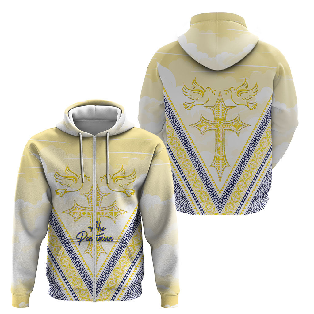 Peniamina Gospel Day Niue Zip Hoodie Cross Dove Hiapo Pattern Yellow