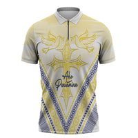 Peniamina Gospel Day Niue Zipper Polo Shirt Cross Dove Hiapo Pattern Yellow LT14 Yellow - Polynesian Pride