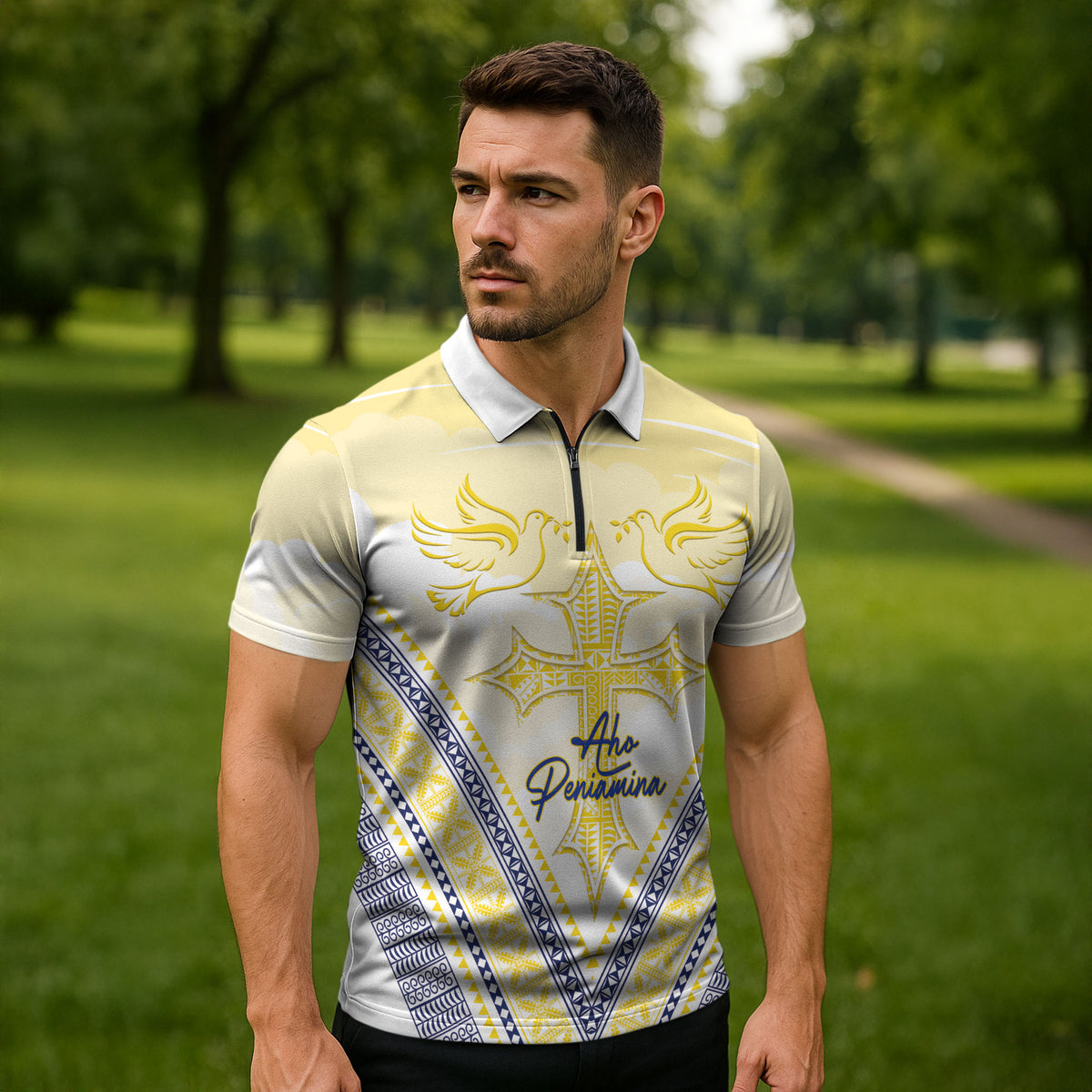 Peniamina Gospel Day Niue Zipper Polo Shirt Cross Dove Hiapo Pattern Yellow LT14 - Polynesian Pride