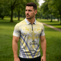 Peniamina Gospel Day Niue Zipper Polo Shirt Cross Dove Hiapo Pattern Yellow LT14 - Polynesian Pride