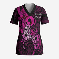 Polynesia Breast Cancer Awareness Scrub Top Think Pink Polynesian Ribbon Black Version - Polynesian Pride