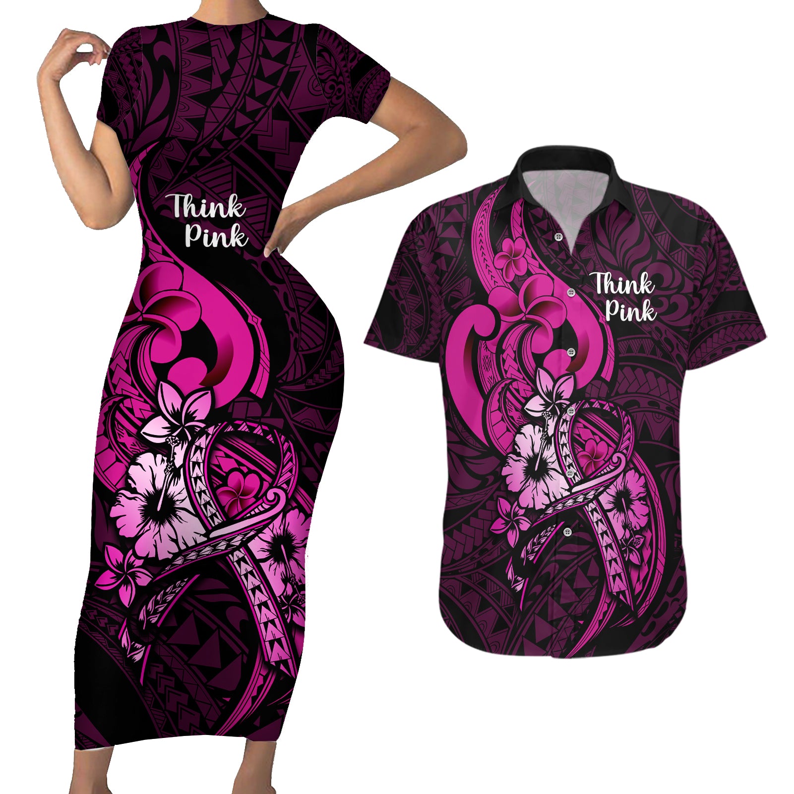 personalised-polynesia-breast-cancer-awareness-couples-matching-short-sleeve-bodycon-dress-and-hawaiian-shirt-think-pink-polynesian-ribbon-black-version