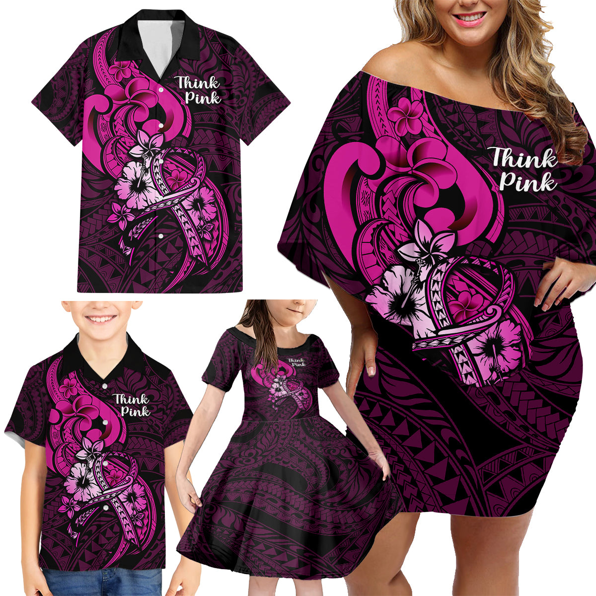 personalised-polynesia-breast-cancer-awareness-family-matching-off-shoulder-short-dress-and-hawaiian-shirt-think-pink-polynesian-ribbon-black-version