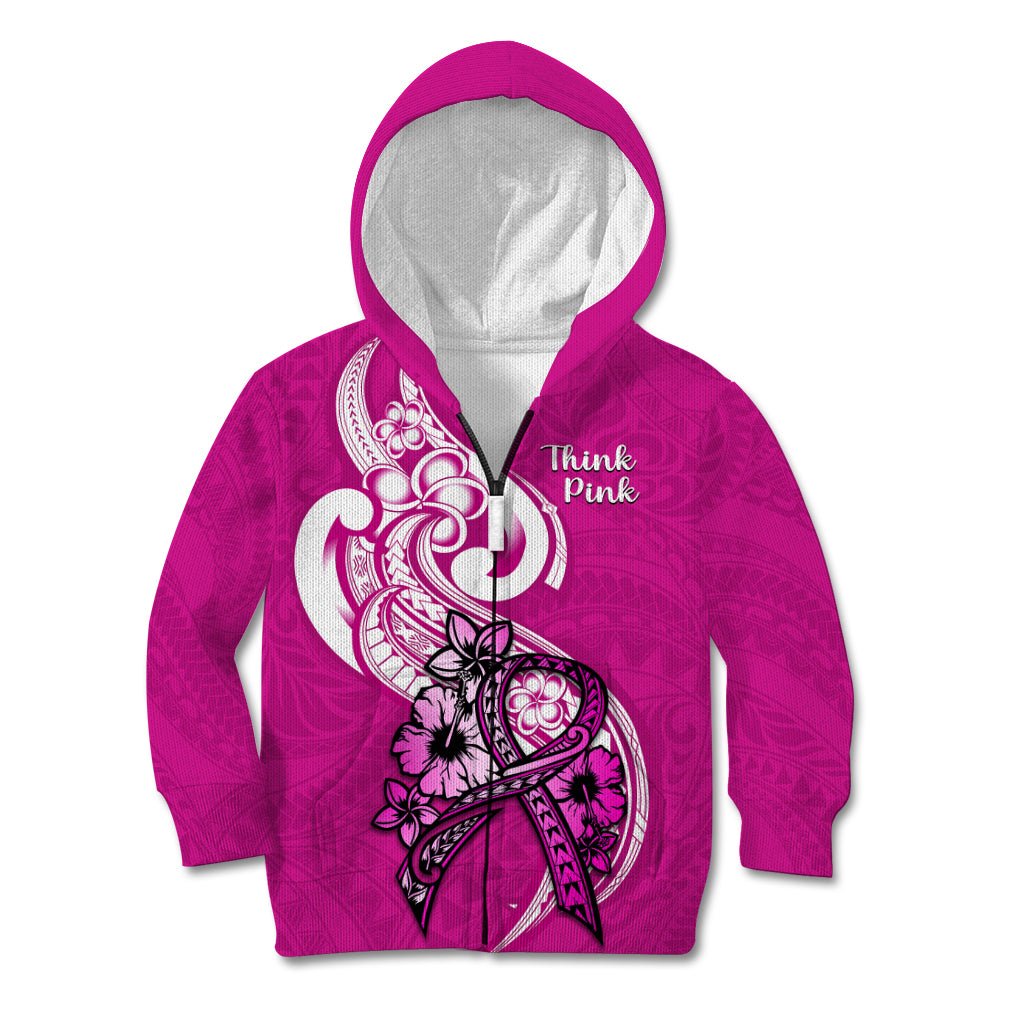 Polynesia Breast Cancer Awareness Kid Hoodie Think Pink Polynesian Ribbon White Version LT14 Zip Hoodie Pink - Polynesian Pride