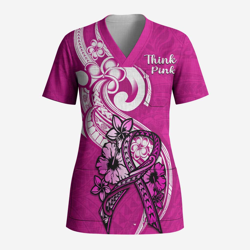 Polynesia Breast Cancer Awareness Scrub Top Think Pink Polynesian Ribbon White Version - Polynesian Pride