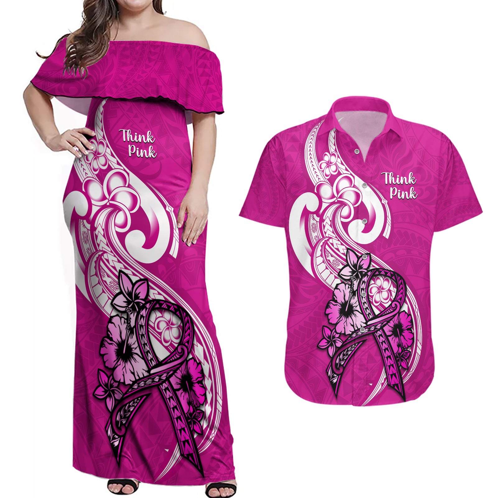 personalised-polynesia-breast-cancer-awareness-couples-matching-off-shoulder-maxi-dress-and-hawaiian-shirt-think-pink-polynesian-ribbon-white-version