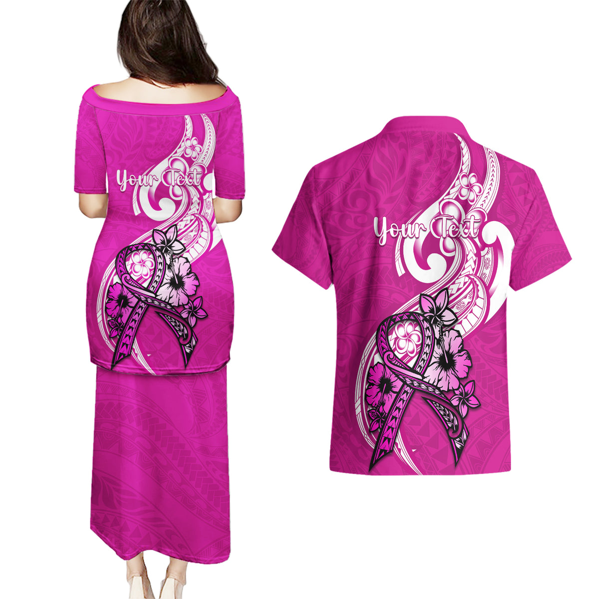 personalised-polynesia-breast-cancer-awareness-couples-matching-puletasi-dress-and-hawaiian-shirt-think-pink-polynesian-ribbon-white-version