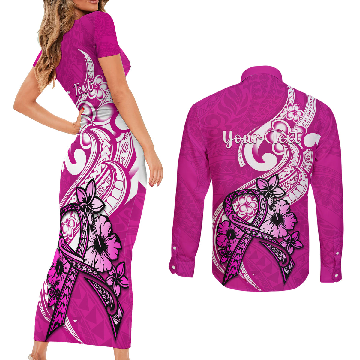 personalised-polynesia-breast-cancer-awareness-couples-matching-short-sleeve-bodycon-dress-and-long-sleeve-button-shirts-think-pink-polynesian-ribbon-white-version