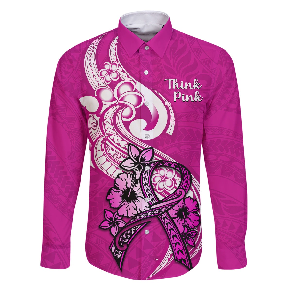 Personalised Polynesia Breast Cancer Awareness Family Matching Puletasi Dress and Hawaiian Shirt Think Pink Polynesian Ribbon White Version LT14 Dad's Shirt - Long Sleeve Pink - Polynesian Pride