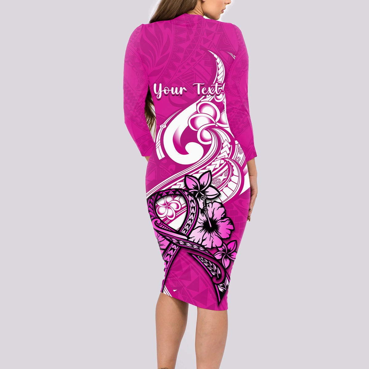 personalised-polynesia-breast-cancer-awareness-long-sleeve-bodycon-dress-think-pink-polynesian-ribbon-white-version