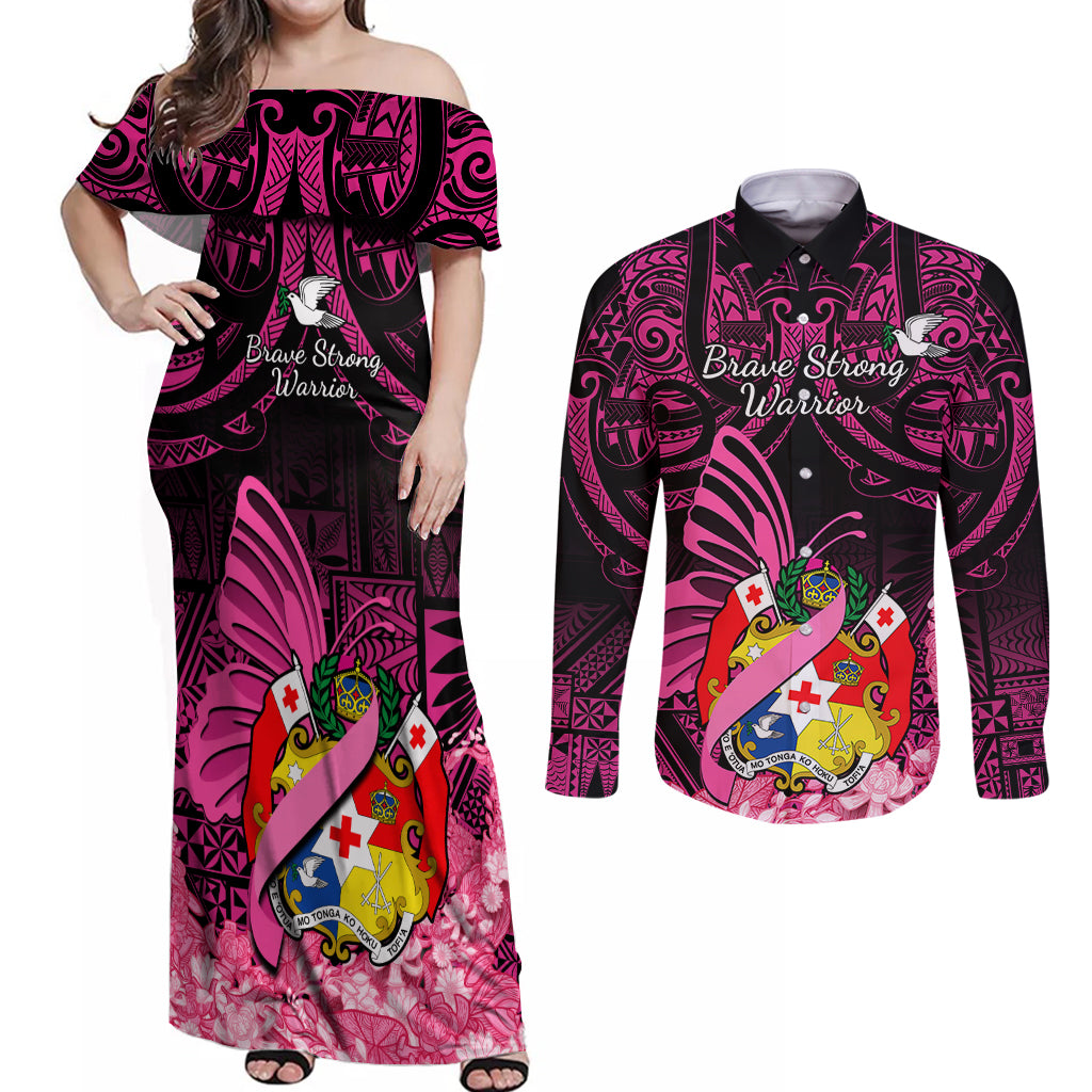 presonalised-tonga-breast-cancer-awareness-couples-matching-off-shoulder-maxi-dress-and-long-sleeve-button-shirts-pink-ribbon-brave-strong-warrior-tongan-ngatu-pattern