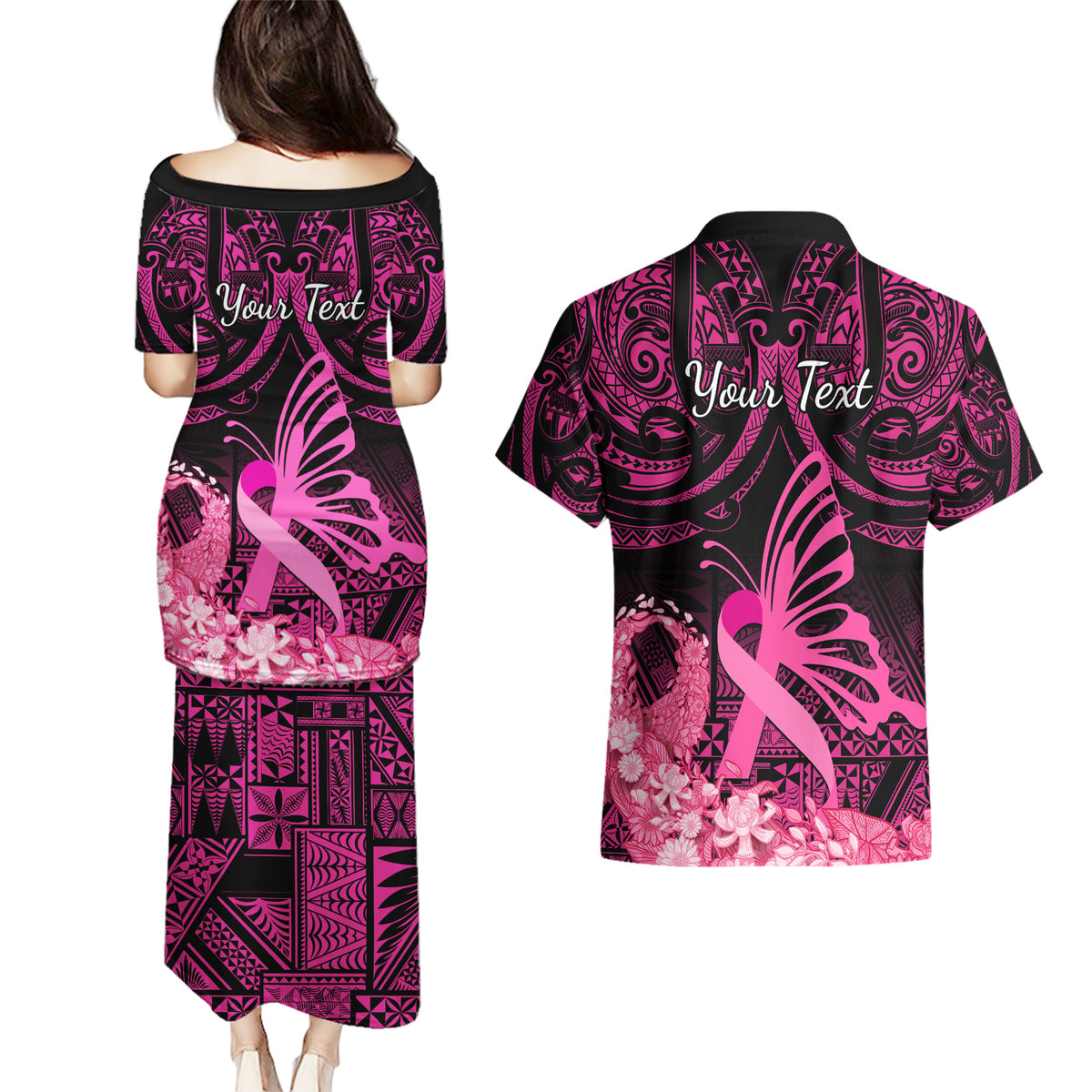 presonalised-tonga-breast-cancer-awareness-couples-matching-puletasi-dress-and-hawaiian-shirt-pink-ribbon-brave-strong-warrior-tongan-ngatu-pattern