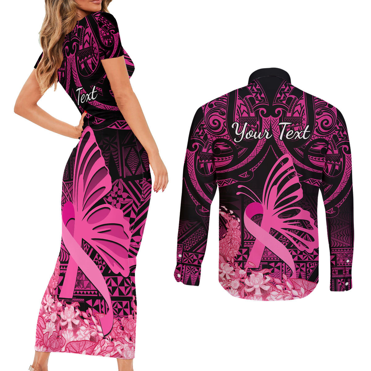 presonalised-tonga-breast-cancer-awareness-couples-matching-short-sleeve-bodycon-dress-and-long-sleeve-button-shirts-pink-ribbon-brave-strong-warrior-tongan-ngatu-pattern