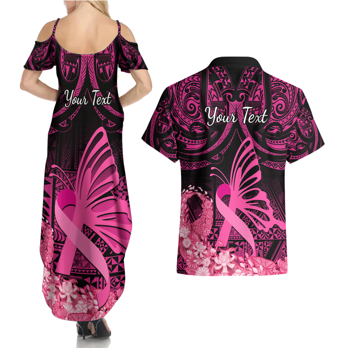 presonalised-tonga-breast-cancer-awareness-couples-matching-summer-maxi-dress-and-hawaiian-shirt-pink-ribbon-brave-strong-warrior-tongan-ngatu-pattern