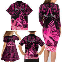 Presonalised Tonga Breast Cancer Awareness Family Matching Long Sleeve Bodycon Dress and Hawaiian Shirt Pink Ribbon Brave Strong Warrior Tongan Ngatu Pattern LT14 - Polynesian Pride