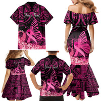 Presonalised Tonga Breast Cancer Awareness Family Matching Mermaid Dress and Hawaiian Shirt Pink Ribbon Brave Strong Warrior Tongan Ngatu Pattern LT14 - Polynesian Pride