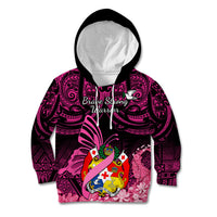 Presonalised Tonga Breast Cancer Awareness Kid Hoodie Pink Ribbon Brave Strong Warrior Tongan Ngatu Pattern LT14 Hoodie Pink - Polynesian Pride