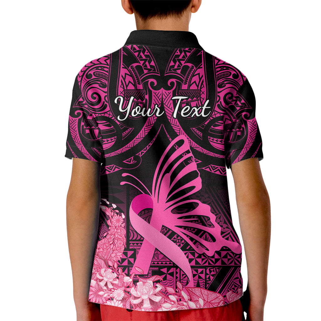 Presonalised Tonga Breast Cancer Awareness Kid Polo Shirt Pink Ribbon Brave Strong Warrior Tongan Ngatu Pattern LT14 - Polynesian Pride