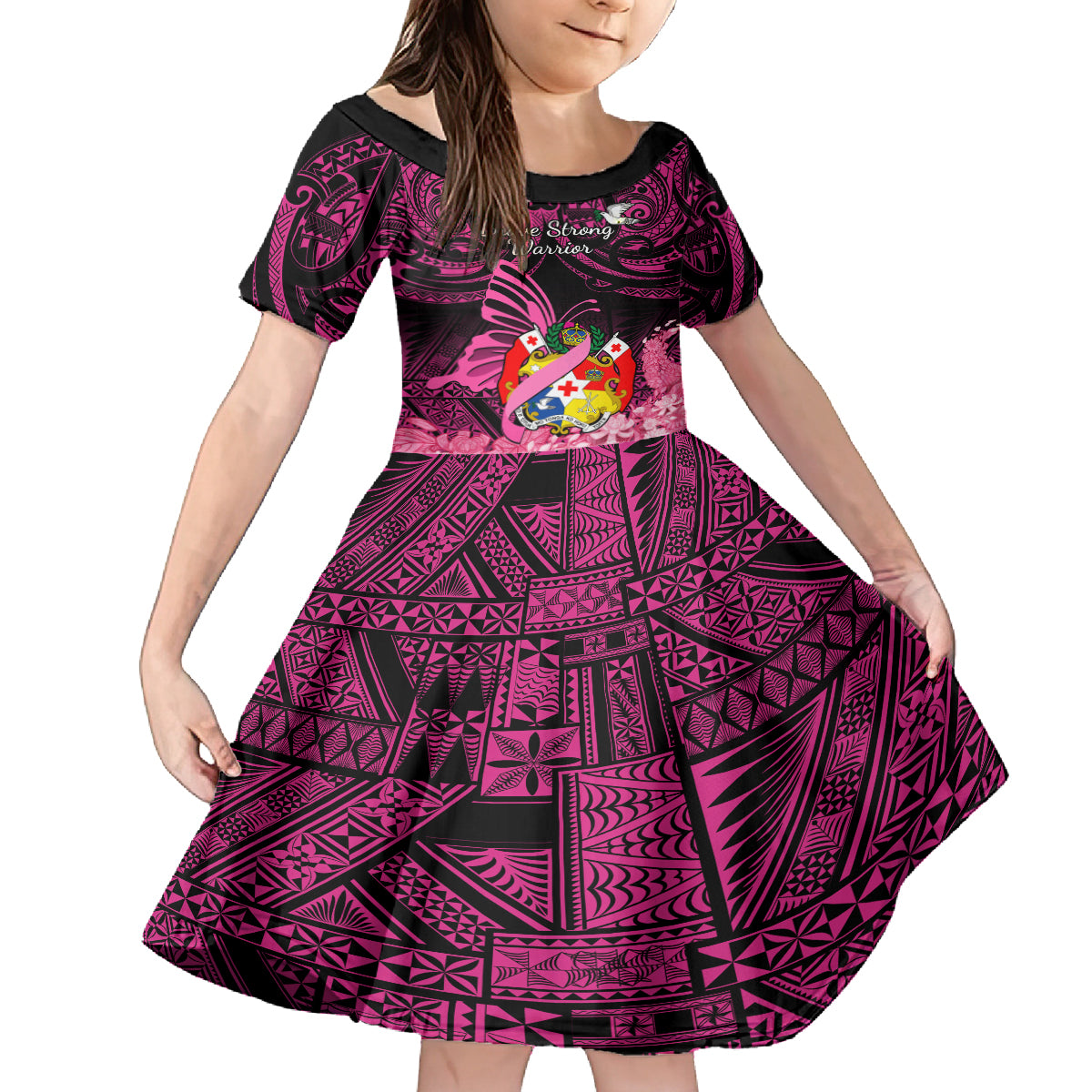 presonalised-tonga-breast-cancer-awareness-kid-short-sleeve-dress-pink-ribbon-brave-strong-warrior-tongan-ngatu-pattern
