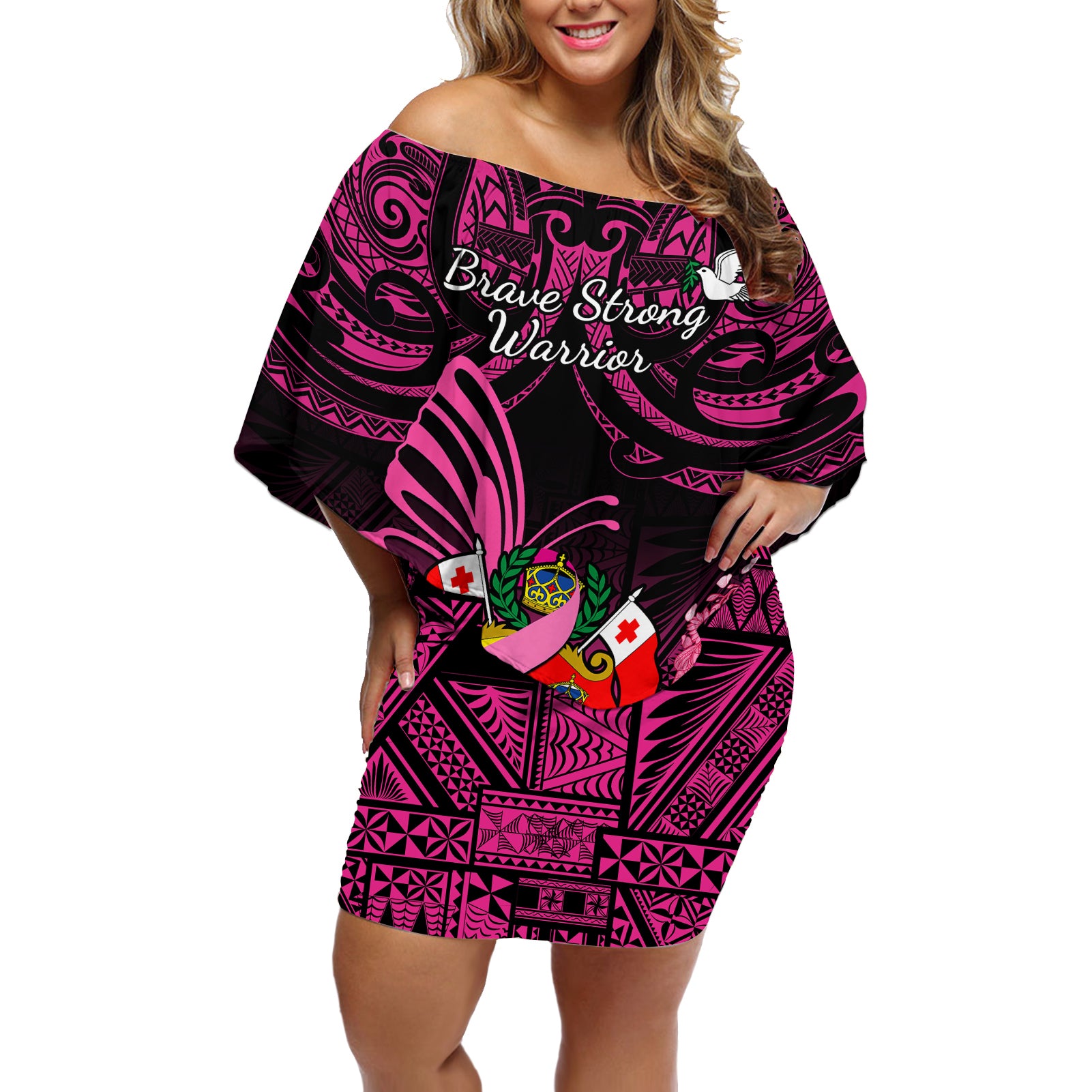 presonalised-tonga-breast-cancer-awareness-off-shoulder-short-dress-pink-ribbon-brave-strong-warrior-tongan-ngatu-pattern