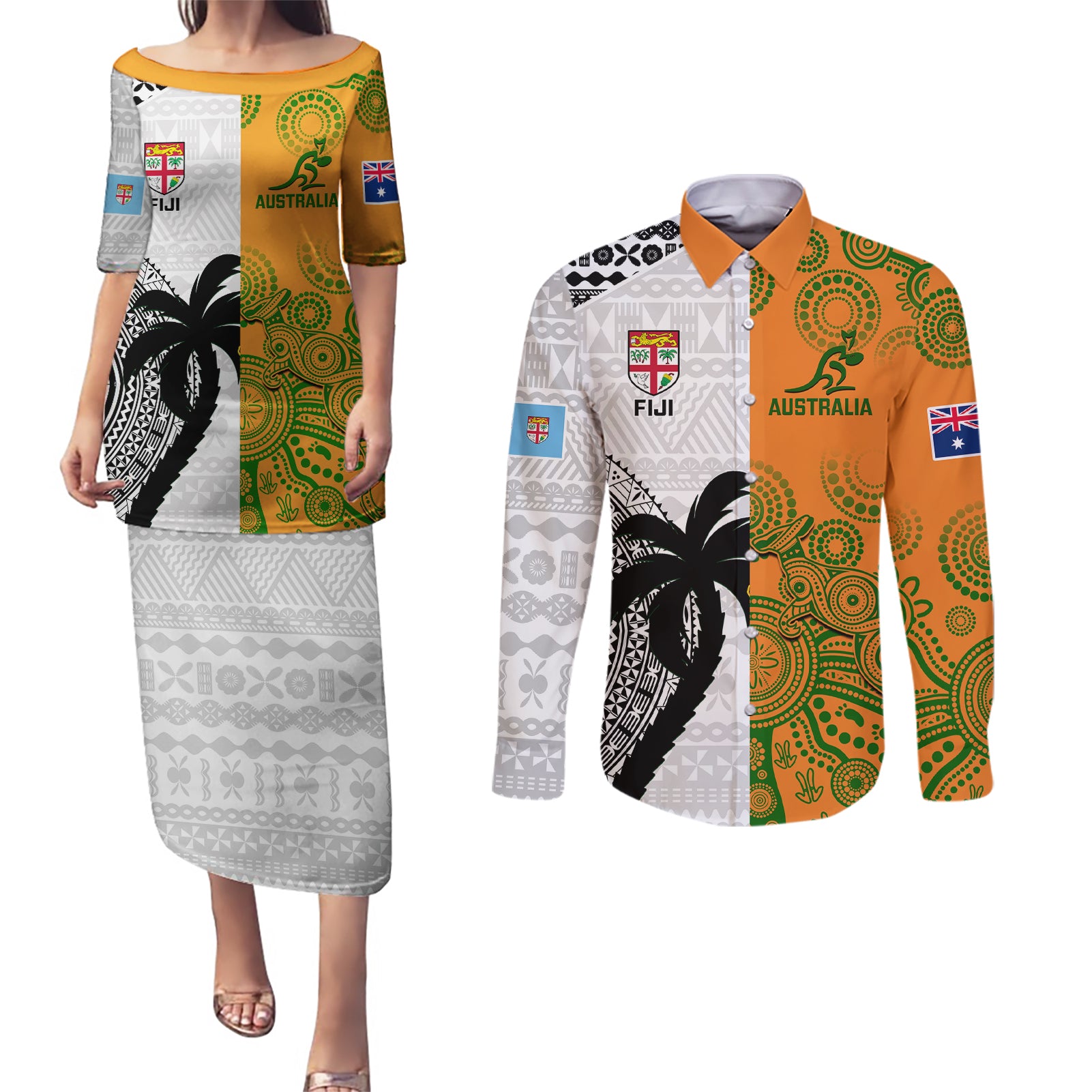 fiji-and-australia-rugby-couples-matching-puletasi-dress-and-long-sleeve-button-shirts-2023-world-cup-aboriginal-mix-tapa-pattern