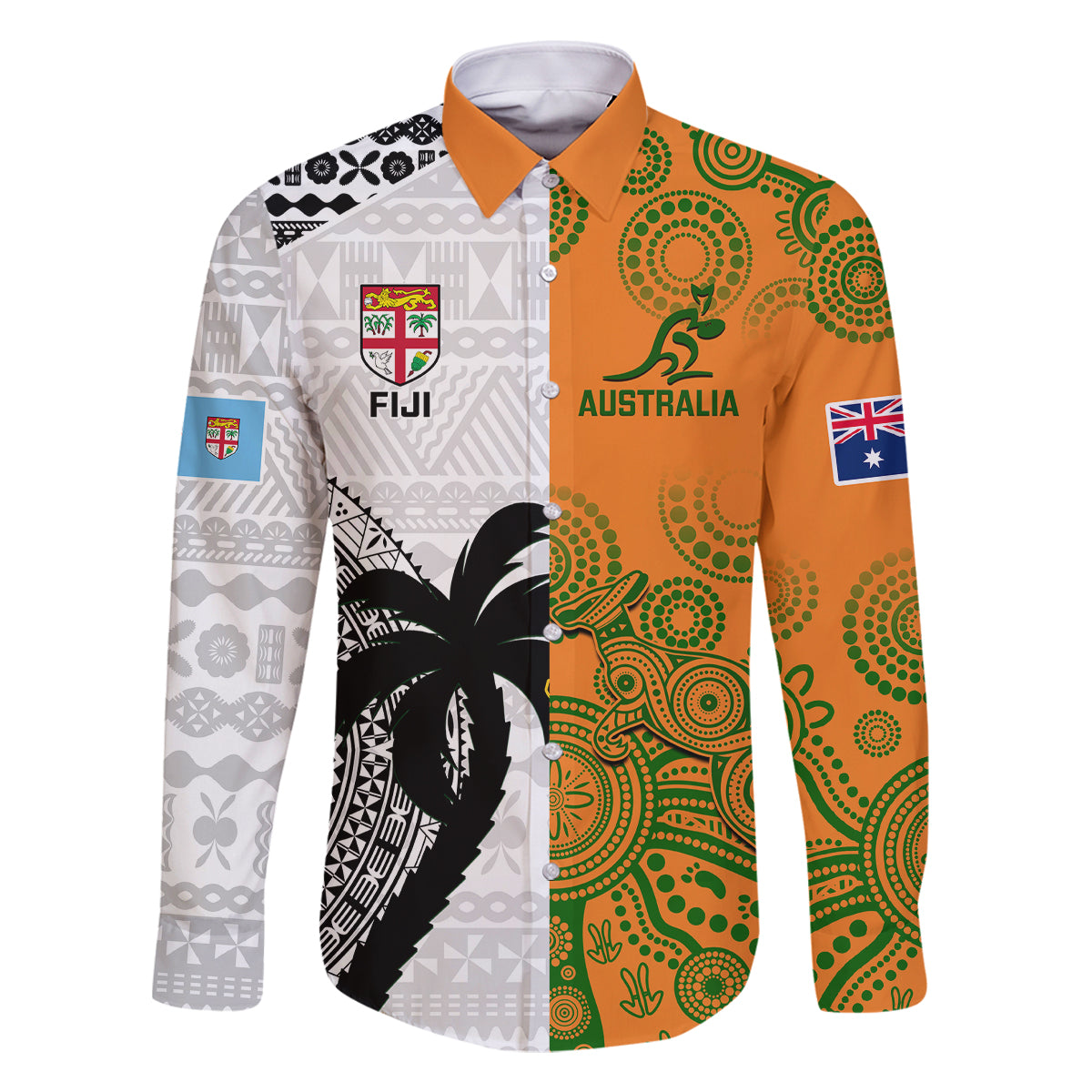 Fiji And Australia Rugby Family Matching Off Shoulder Maxi Dress and Hawaiian Shirt 2023 World Cup Aboriginal Mix Tapa Pattern LT14 Dad's Shirt - Short Sleeve Gold - Polynesian Pride