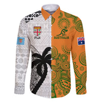 Fiji And Australia Rugby Family Matching Off Shoulder Maxi Dress and Hawaiian Shirt 2023 World Cup Aboriginal Mix Tapa Pattern LT14 Dad's Shirt - Short Sleeve Gold - Polynesian Pride