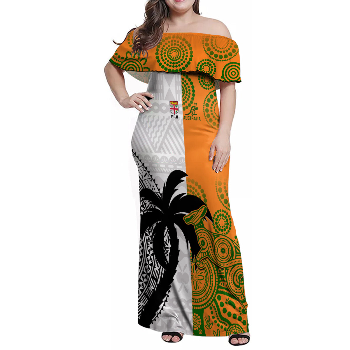 Fiji And Australia Rugby Family Matching Off Shoulder Maxi Dress and Hawaiian Shirt 2023 World Cup Aboriginal Mix Tapa Pattern LT14 Dad's Shirt - Long Sleeve Gold - Polynesian Pride