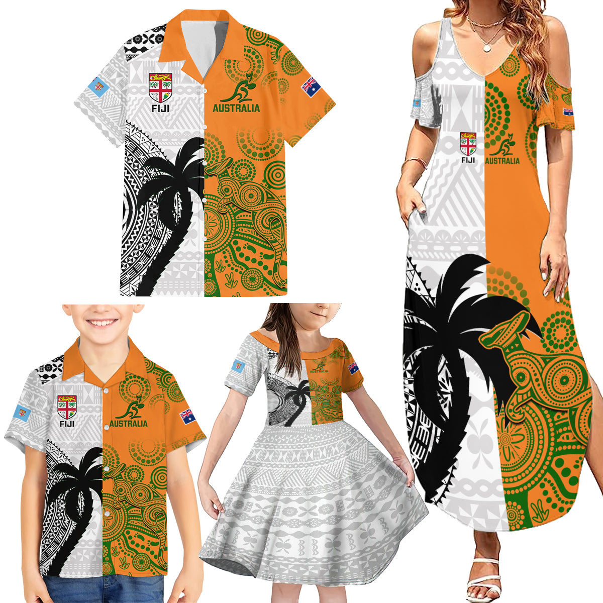 Fiji And Australia Rugby Family Matching Summer Maxi Dress and Hawaiian Shirt 2023 World Cup Aboriginal Mix Tapa Pattern LT14 - Polynesian Pride