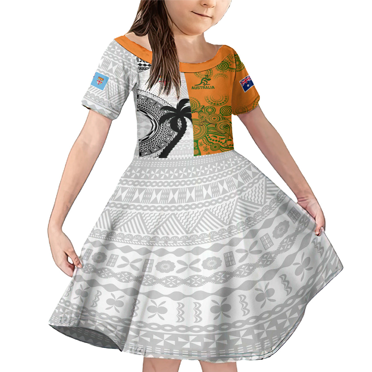 Custom Fiji And Australia Rugby Family Matching Mermaid Dress and Hawaiian Shirt 2023 World Cup Aboriginal Mix Tapa Pattern LT14 Daughter's Dress Gold - Polynesian Pride