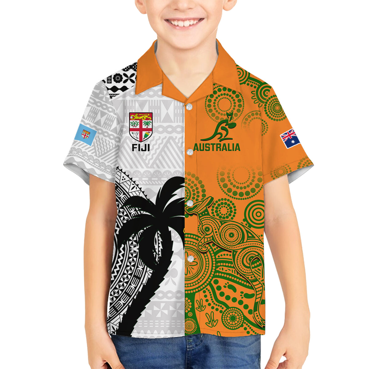 Custom Fiji And Australia Rugby Family Matching Summer Maxi Dress and Hawaiian Shirt 2023 World Cup Aboriginal Mix Tapa Pattern LT14 Son's Shirt Gold - Polynesian Pride