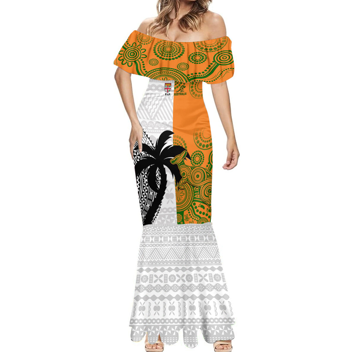 Custom Fiji And Australia Rugby Mermaid Dress 2023 World Cup Aboriginal Mix Tapa Pattern LT14 - Polynesian Pride